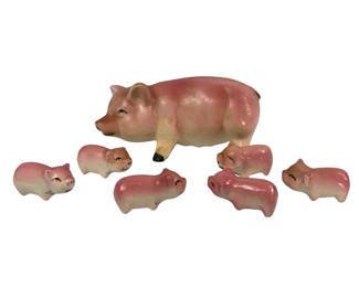 Japan Ceramic Mommy Pig 6 Piglets Figurines Import Mid Century