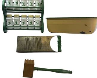 Hazel Atlas White Spice Jars Rack Green Roosters + Enamel Ware & More