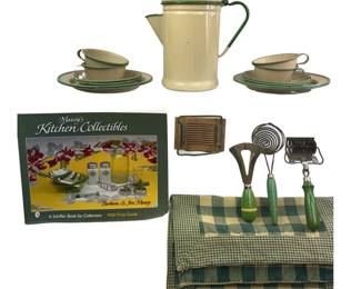 Enamelware Tan Green Coffee Pot Percolator Dish Set Plates Cups Green Handle Utensil