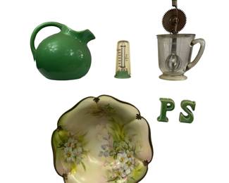 Green Handle Hand Mixer Water Pitcher Salt Peppers Oven Thermometer Hand Painted Bowl