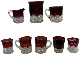 Antique Ruby Flash Glass Cut to Clear Souvenir Cups 1910 1914 Gothic Decor