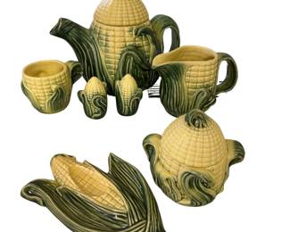 Vintage Stanfordware Corn Tea Pot Creamer Sugar S/P Spoon Rest Husk Shaped Lot