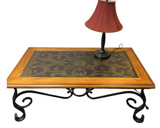 Iron Scroll Coffee Table Metal Inset Surface Ornate + Lamp