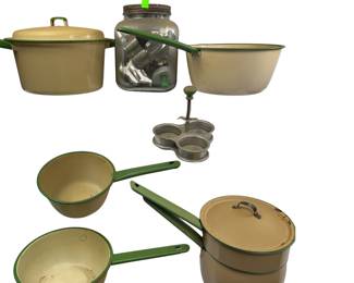 Green Lid Jar Cookie Cutters Enamelware Tan Green Pots and Pans