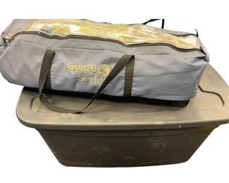 Tub of Camping Gear Tents Mattresses + Guide Series in Bag