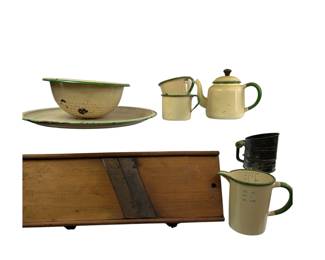 Tan Green Enamelware Tea Set 1 Pint Measuring Cup Colander Slaw Cutter Handle Sifter