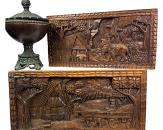 Carved Wood Wall Art Panels Bas-Relief Indonesian Asian Mid Century & Ornate Covered Bowl