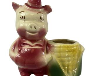 Shawnee Happy Farmer Pig Planter Ceramic Pink Green Corn Husk