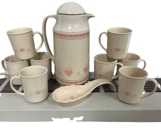 Vintage Corning Ware Forever Yours Thermal Coffee Tea Pot Carafe + 8 Mugs Spoon Rest Pink Hearts