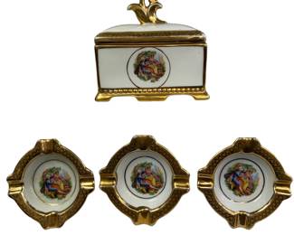 Antique Czechoslovakian Cigarette Box Ashtrays Gold Gilt Trim Porcelain Trinket Hollywood Regency