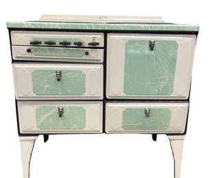Antique Detroit Star Gas Stove Green Cream Enamel 4 Burner + Oven Warmers Art Deco