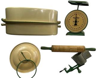 Green Handle Rolling Pin Tan Enamelware Cover Roaster Repro Towel Ring