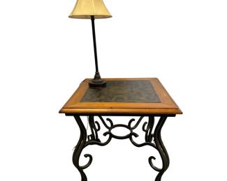 Iron Scroll End Table Metal Inset Surface Ornate + Lamp