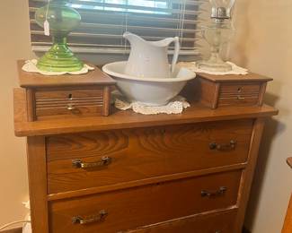 Oak chest, pitcher and bowl, vintage kerosene lamps