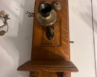 Oak wall crank telephone missing the ear piece 