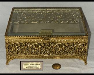 Vintage 24K Gold Plated Beveled Glass Trinket Box