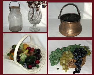 Indiana Glass Jar, Crystal Stemmed Vase, Copper Bucket and Vintage Plastic Fruit