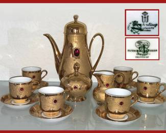 Stunning Antique Tea Set; Gold Toned with Faux Red Gems, German and Italian Marks