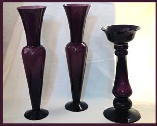 Tall Purple Glass Empoli Style Vases and Purple Glass Candle Holder