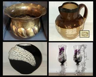 Big Brass Planter, Doulton Lambeth Pitcher, Modernist Vase and Stemware