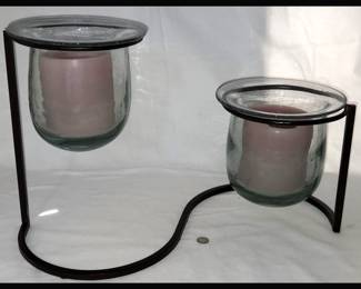 Large Cast Iron Candle Stand with Thick Heavy Glass