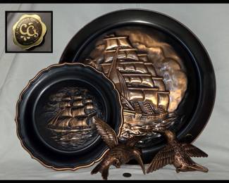 Vintage Copper Craft Ship Trays and Birds