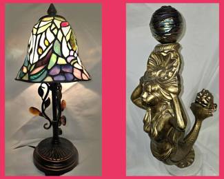 Very Pretty Stained Glass Lamp and Mermaid Sculpture with Iridized Globe