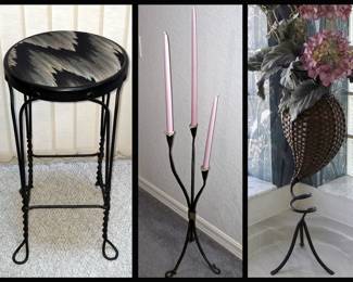 Vintage Metal Stool, Cool Tall Candle Holder and Metal and Wicker Vase on Stand
