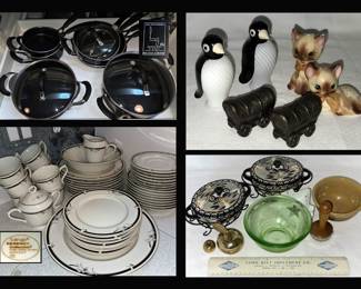 Gordon Ramsey Pots and Pans, Cute Salt and Peppers, Sango Regency Collection China, Temptations Pots, Hazel Atlas Uranium Glass Bowl and Good Year Tires Ruler