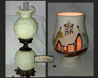 Loevsky & Loevsky White Metal Castings Lamp Marked L and L WMC with Fenton Shades and Mid Century Mold Lamp