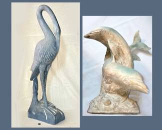 Tall Carved Wooden Heron Statue and Dolphin Statue