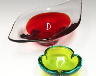 Art Glass Oval Bowl with Art Glass Trefoil Bowl