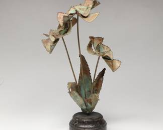 Brutalist Style Oxidized Sheet Metal Floral Sculpture on Resin Base