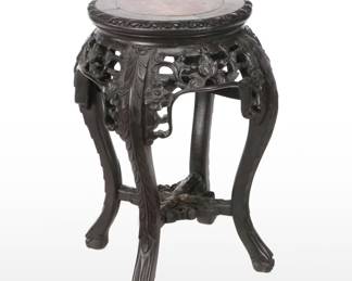 Chinese Carved Ebonized Wood Jardiniere Stand with Marble Inset