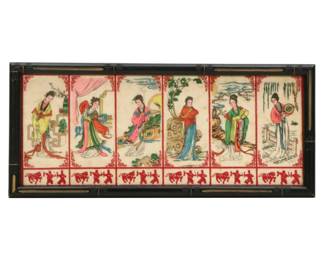 Chinese Color Woodblock Print on Silk Depicting Six Women, Mid-20th Century