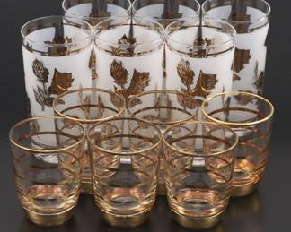 MCM G. Reeves for Libbey Gilt Rose Tumblers with Striped Juice Glasses
