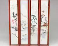 Japanese Hand-Painted Landscape Lacquer Tiles in Wood Frames