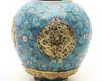 Qing Dynasty Floral Cloisonné Urn Vase with Brass Dragon Accents