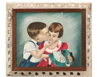 Acrylic Painting of Two Children, Mid-20th Century