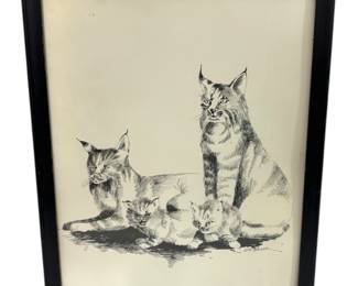 Bobcat Family Lithograph DrawingPrint 