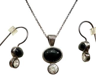 925 Silver Black Opal NecklaceEarring Set 