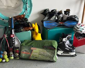 Sports equipment: hockey skates, rollerblades, tennis rackets, tent