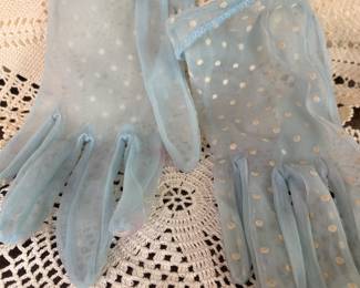 Blue sheer gloves with polka dots