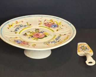 Vintage Italian Hand Painted Pedestal Cake Stand and Ceramic Serving Knife