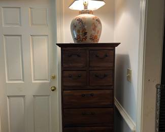 Large Asian reproduction lamp. Tall chest originally purchased from The Farm Basket. 