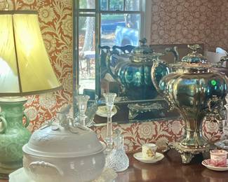Pair of Asian lamps, exquisite tureen, silver Samovar all located in the front room on the gorgeous sideboard .