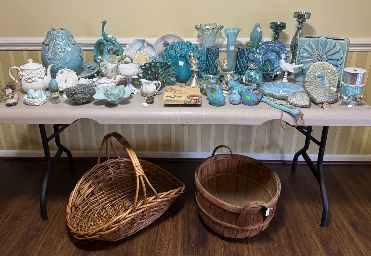 Turquoise blue birds, plates, peacocks, vases, decor