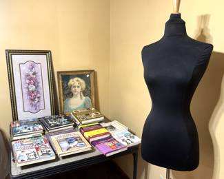 Antique framed Victorian picture, mannequin, collectors books