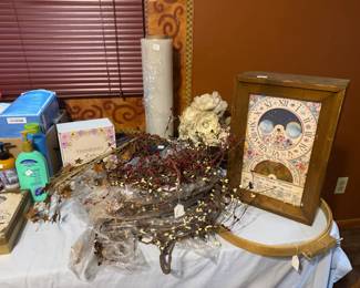 antique clock, embroidery hoop, primitive berry ropes