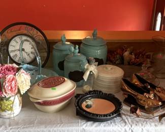 Brass coal scuttle, clocks, farmhouse canisters, mirrors, Longaberger pottery, candles